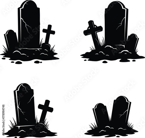 Spooky graveyard silhouettes four scenes tombstones crosses for halloween designs