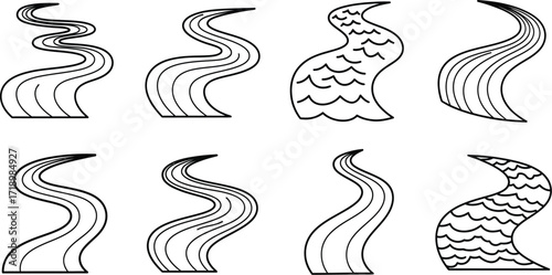 Set of river icons with different winding rivers, streams, brooks, creeks, waterways, and watercourses