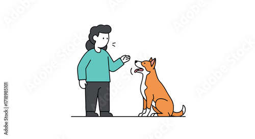 Cartoon-Style Illustration of a Woman Training Her Pet Dog with Positive Reinforcement and Communication Techniques for Obedience and Companionship