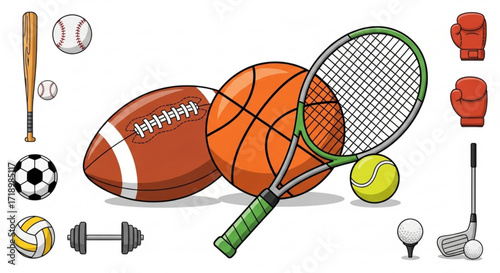 Sports equipment vector illustration featuring baseball basketball football tennis golf and boxing gear design 100