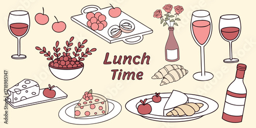 A cartoon vector illustration set of a delicious lunch time food with coffee and sweet cake.