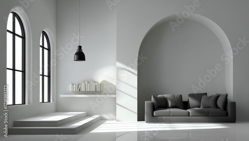 Modern minimalist interior design showcasing a gray sofa within an arched alcove, bathed in natural light filtering through large arched windows.