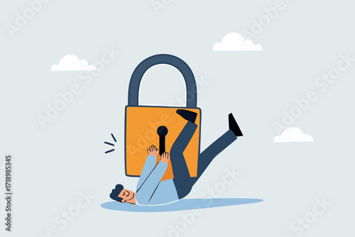 businessman dying in depression under burden of heavy lock pillow.