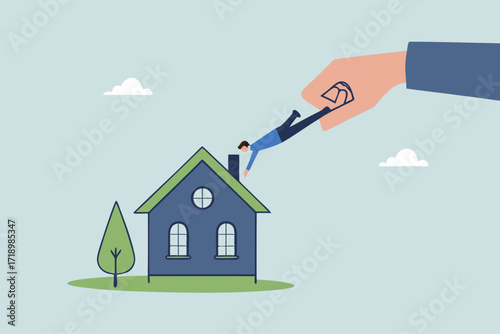 large hand of manager drags the worker from home back to the workplace.