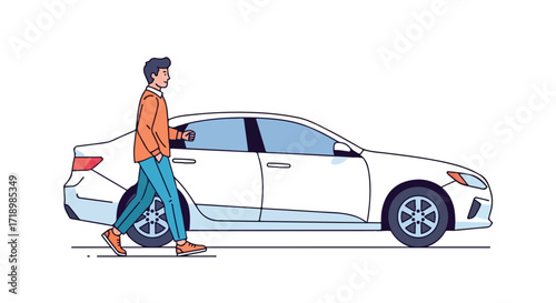 Cartoon illustration depicting a man walking alongside his modern white sedan on a clear day showcasing simple vector graphic style