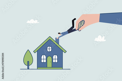 large hand of manager drags the worker from home back to the workplace.