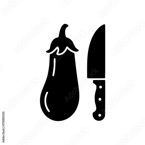 Black silhouette of a chef knife and eggplant side by side