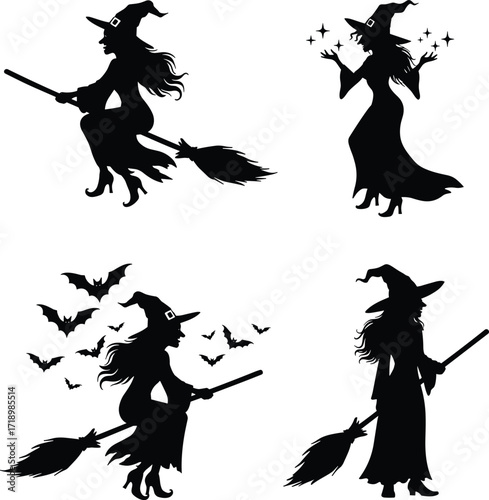 Four silhouette witch graphics on a white canvas flying on brooms with bats and magic sparkles