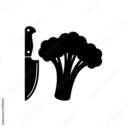 Black silhouette of broccoli and chef knife