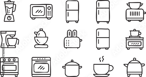 Household device and kitchen gadget icons for culinary design and restaurant graphics
