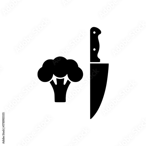 Black silhouette of broccoli and chef knife