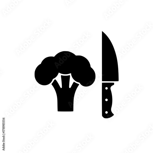 Black silhouette of broccoli and chef knife