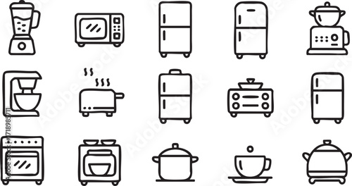 Kitchen appliances vector icons for cooking, food preparation, and household design