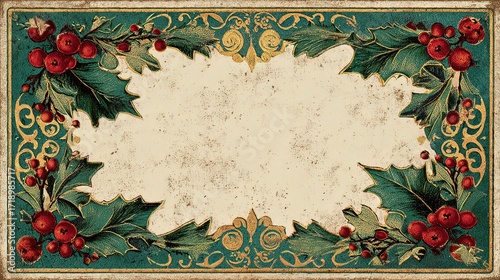 Decorative art board with Christmas wreath border design featuring green holly leaves and red berries with gold filigree details and empty center