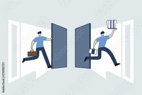 job rotation in people management, entrepreneur arrives at workplace as colleagues depart for new positions.
