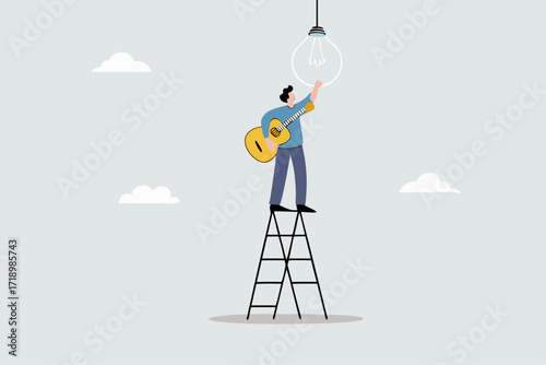 Change to new innovation, successful business leader ascends ladder to shift light bulb concept.
