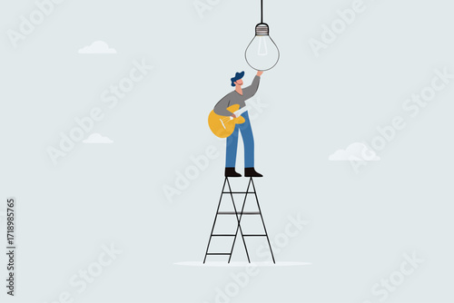 Change to new innovation, successful business leader ascends ladder to shift light bulb concept.