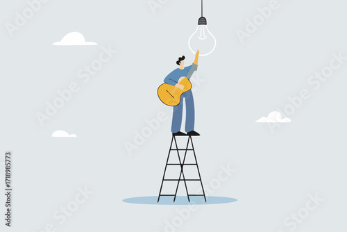 Change to new innovation, successful business leader ascends ladder to shift light bulb concept.