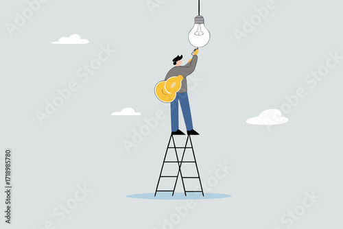 Change to new innovation, successful business leader ascends ladder to shift light bulb concept.
