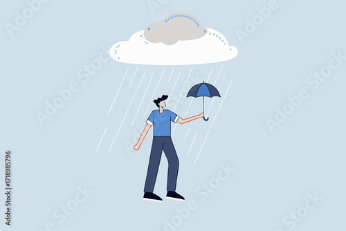 Wrong decision, drenched unfortunate businessman with too small an umbrella cover in heavy downpour.