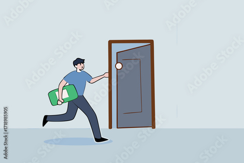 Opportunity, rich businessman with bills knocking on the door.