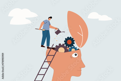 Brain maintenance, man climbs ladder to repair and lubricate teeth of the gears at the brain end.

