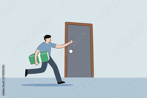 Opportunity, rich businessman with bills knocking on the door.