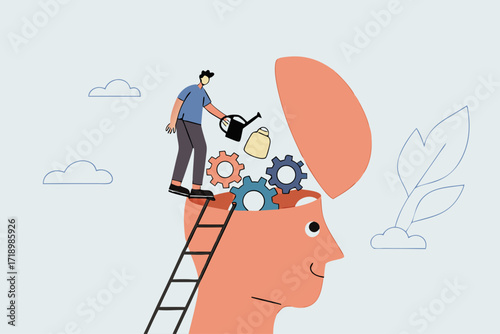 Brain maintenance, man climbs ladder to repair and lubricate teeth of the gears at the brain end.


