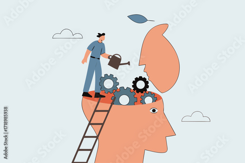 Brain maintenance, man climbs ladder to repair and lubricate teeth of the gears at the brain end.

