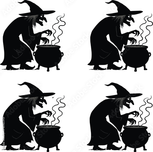 Four spooky silhouetted witches brewing potions in cauldrons for halloween design