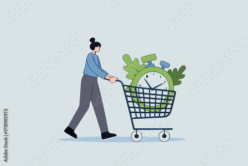 young adult female purchases time in shopping cart using a big alarm clock.