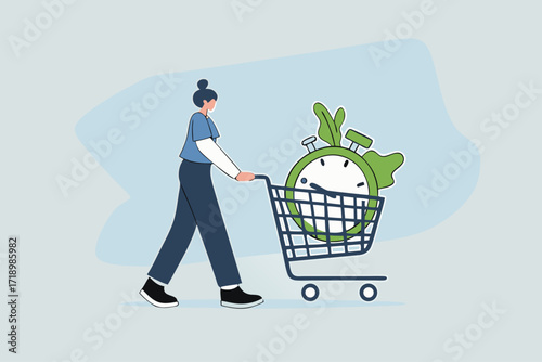 young adult female purchases time in shopping cart using a big alarm clock.