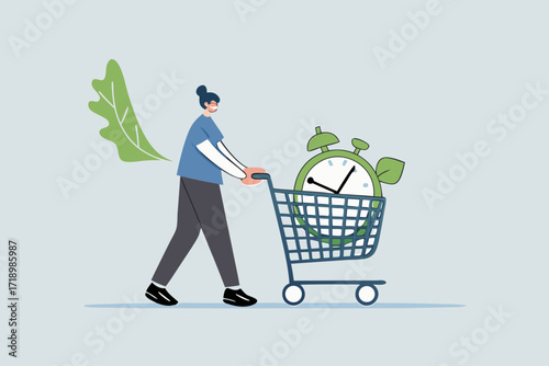 young adult female purchases time in shopping cart using a big alarm clock.
