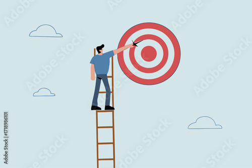 Success ladder, businessman climbs a ladder high into the sky, trying to reach perfect pinball table.