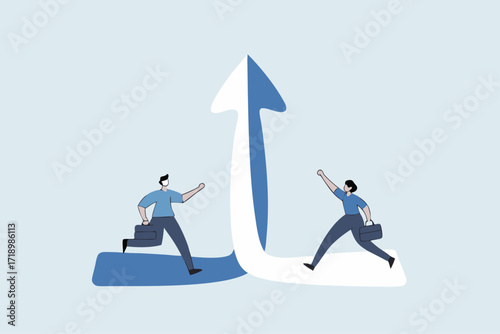 Collaboration synergy work to growth together, businessman and woman running to unite to achieve a goal