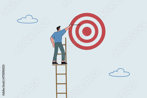 Success ladder, businessman climbs a ladder high into the sky, trying to reach perfect pinball table.
