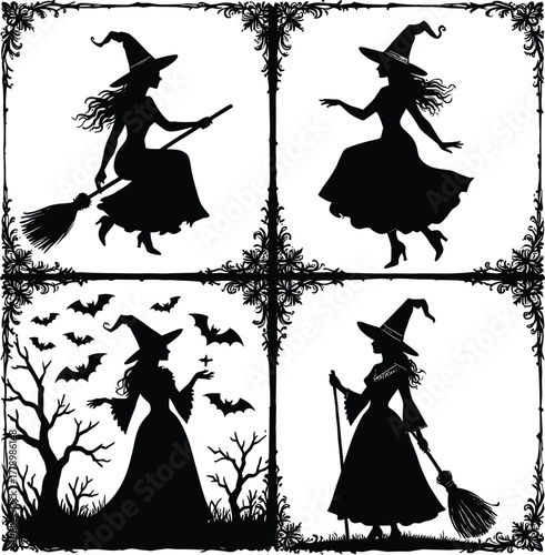 Four silhouetted witches in action flying flying and gathering for a spooky halloween celebration