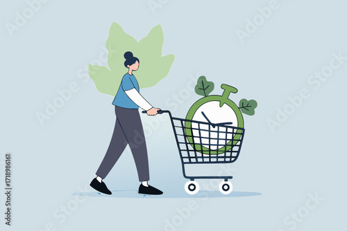 young adult female purchases time in shopping cart using a big alarm clock.