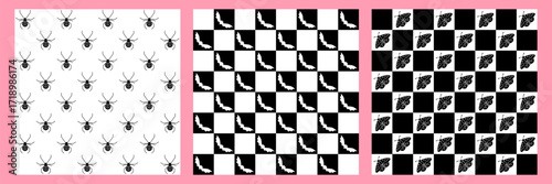 Halloween monochrome geometric pattern set. Retro style art collection with black checkered background and spiders, bats, moths, skull and bones