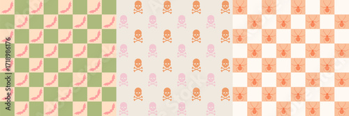 Halloween geometric pattern set. Retro style art collection with colorful checkered background and spiders, bats, moths, skull and bones
