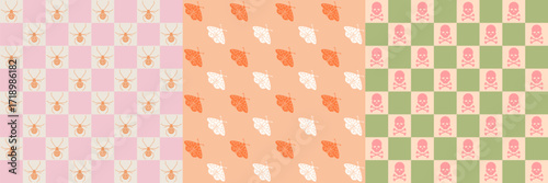 Halloween geometric pattern set. Retro style art collection with colorful checkered background and spiders, bats, moths, skull and bones