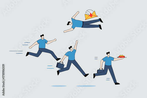 Game changer, businessman who flies in rocket backpack in different directions than other competitors.