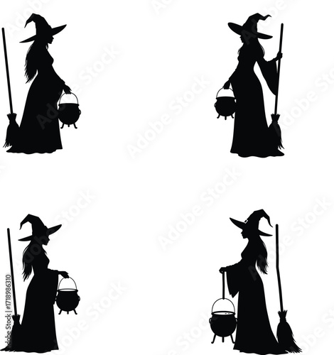 Four silhouetted witches with brooms and cauldrons ready for halloween magic
