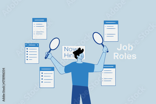Job seeking, businessman holding a magnifying glass in both hands seeking new job opportunities.