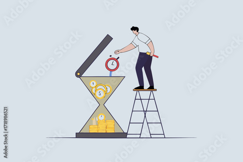 Time is money, businessman investor puts clock pieces, clock, alarm clock and timer into an hourglass to make the return on investment fall.