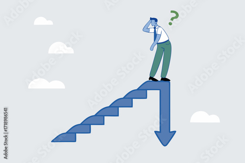 Stock market decline in crisis, exasperated entrepreneur investor ascends steps with downward arrow above.