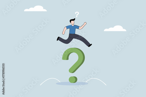 Solution to solve business problem, entrepreneur leaps over large question mark symbol.