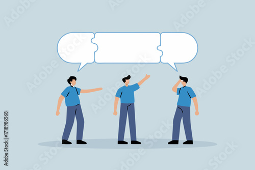 Compromise to get solution in business meeting, a team of businessmen in puzzle connected with a speech bubble.