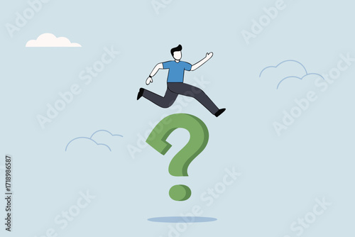 Solution to solve business problem, entrepreneur leaps over large question mark symbol.
