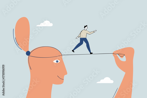 Challenge yourself, man pulls rope and lets the acrobat go to reach his goal.